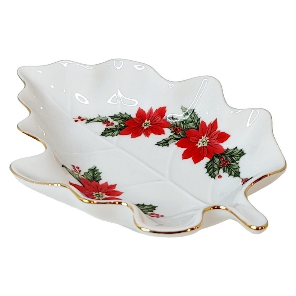 Vintage 1987 Lefton Christmas Poinsettias & Holly Candy Nut Trinket Dish JAPAN
